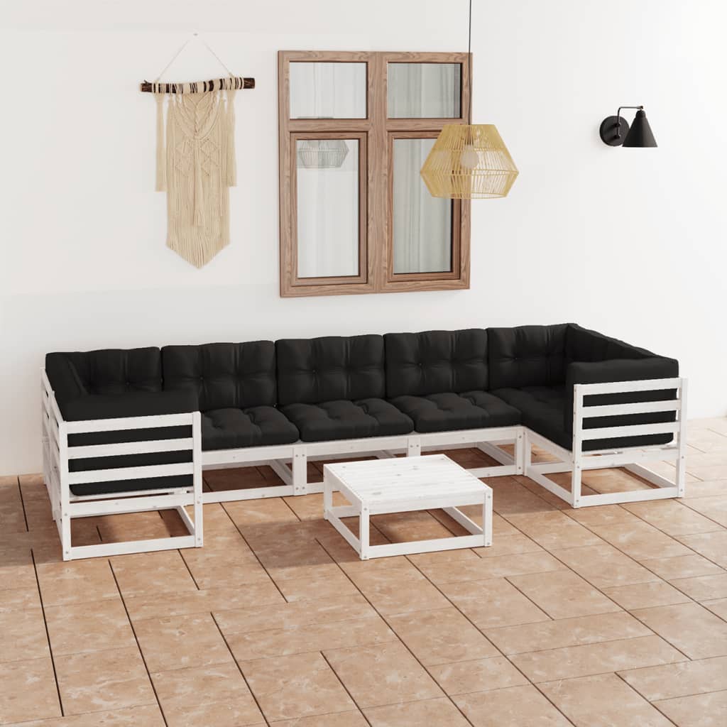 8-tlg. Garten-Lounge-Set mit Kissen Weiss Kiefer Massivholz